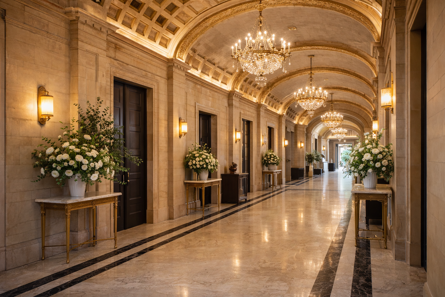 elegant hallway with chandeliers and floral arrangements at a luxury event venue