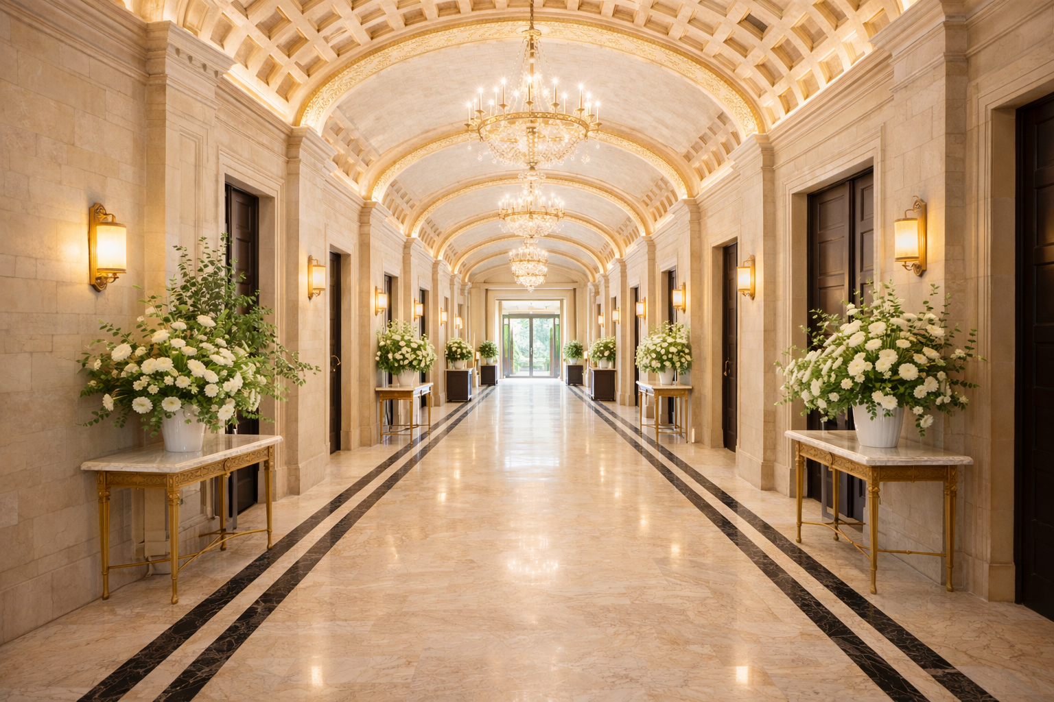 wedding venue Houston Texas elegant hallway with chandeliers and floral arrangements