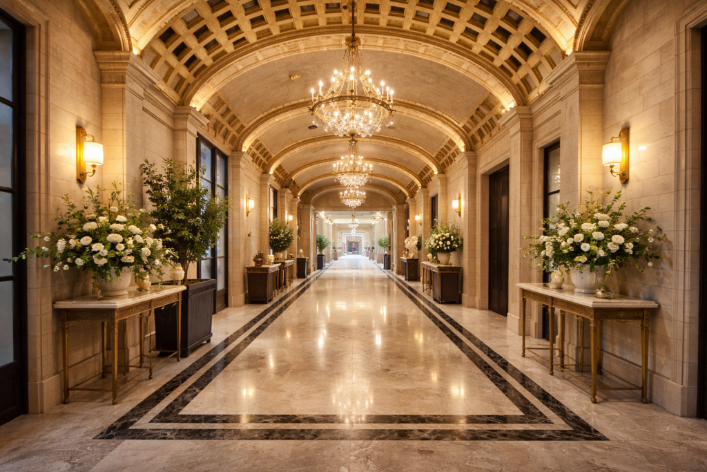 luxury wedding venue Houston Texas hallway with chandeliers and elegant décor
