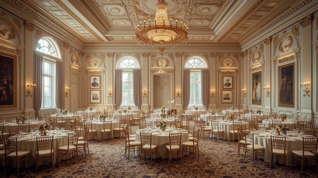wedding venue Houston Texas ballroom with elegant reception setup and chandeliers