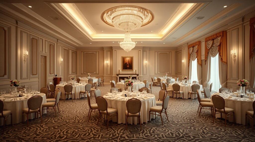 luxury Houston wedding venue ballroom with elegant reception tables and lighting