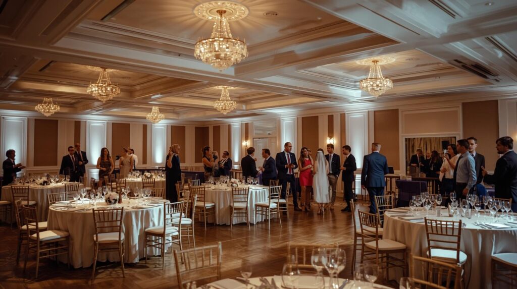 Houston wedding venue ballroom with guests during a wedding reception
