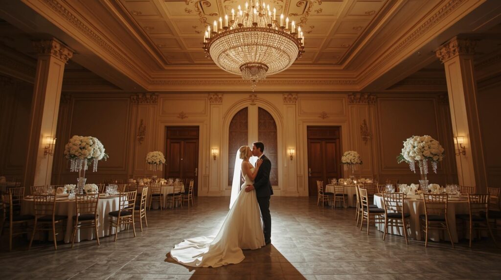 Houston wedding venue ballroom with bride and groom during first dance