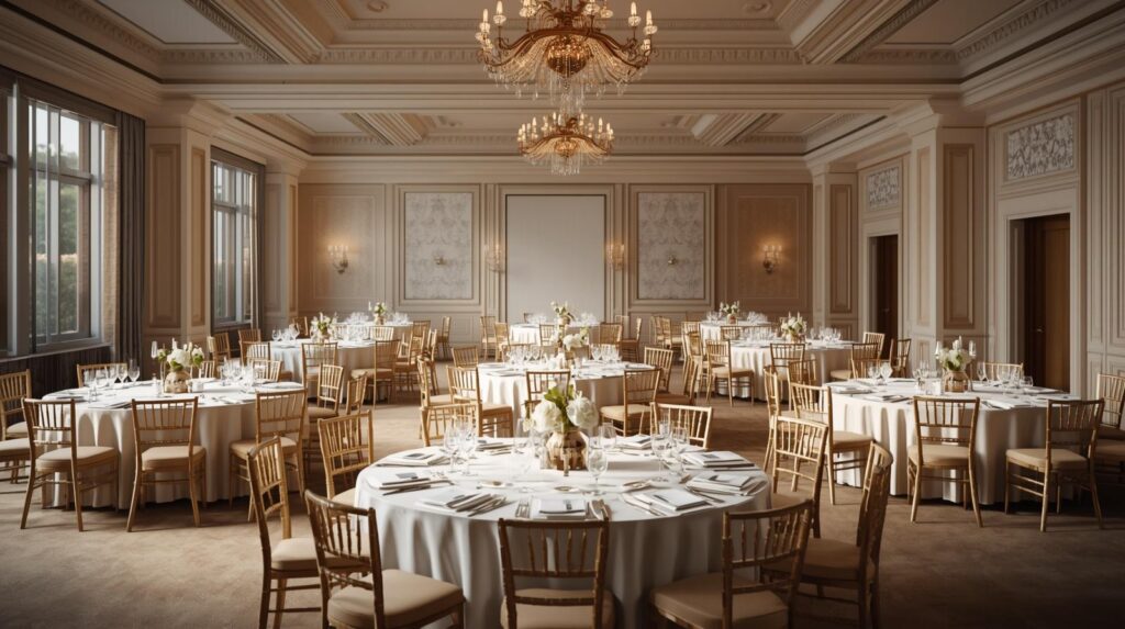 wedding venue Houston Texas ballroom with tables and chairs set for reception