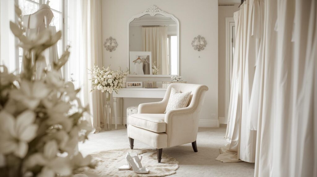 Elise bridal suite Houston elegant bridal changing room with vanity and natural light