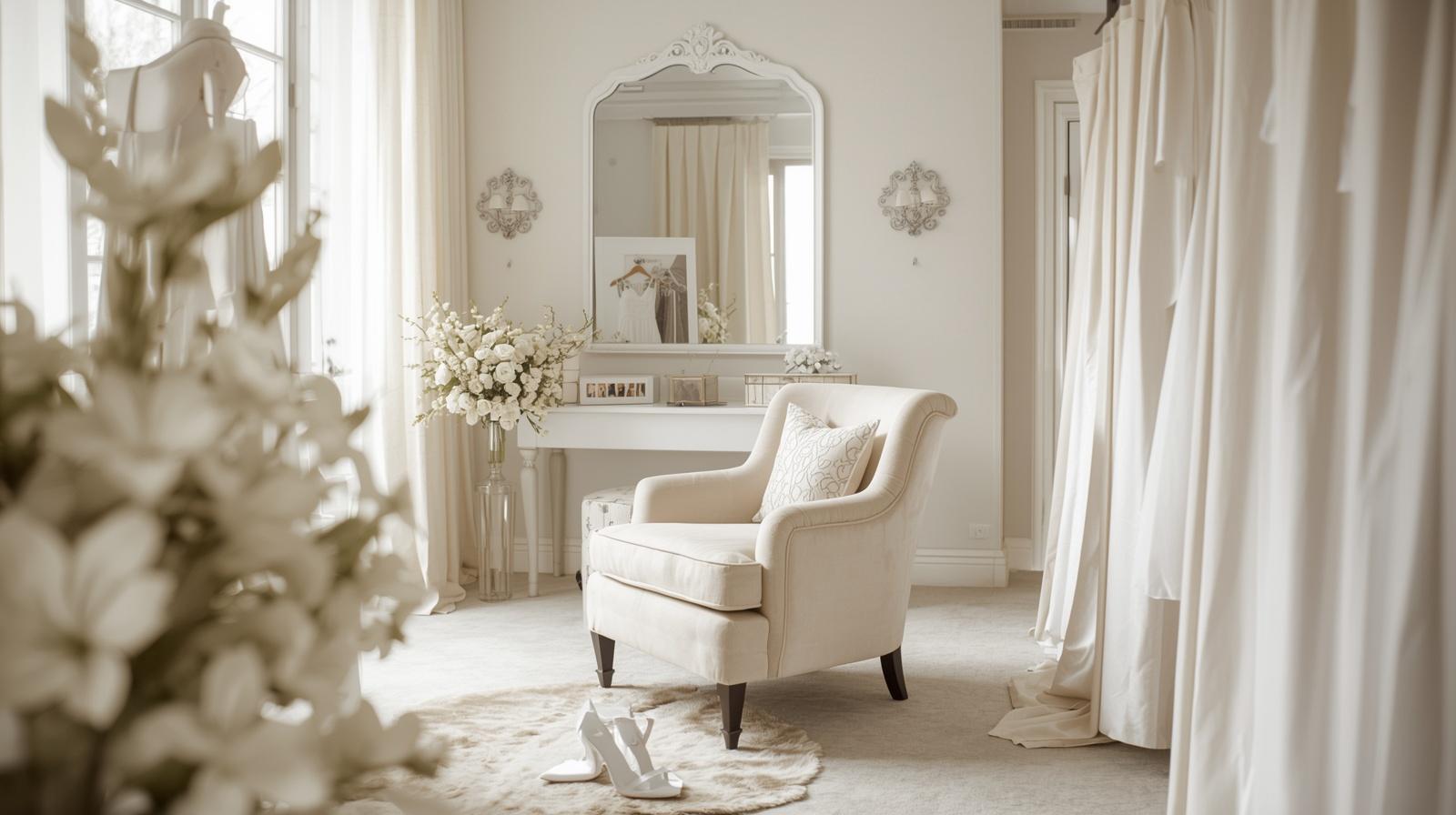 Elise bridal suite Houston bridal changing room with vanity, chair, and soft natural light