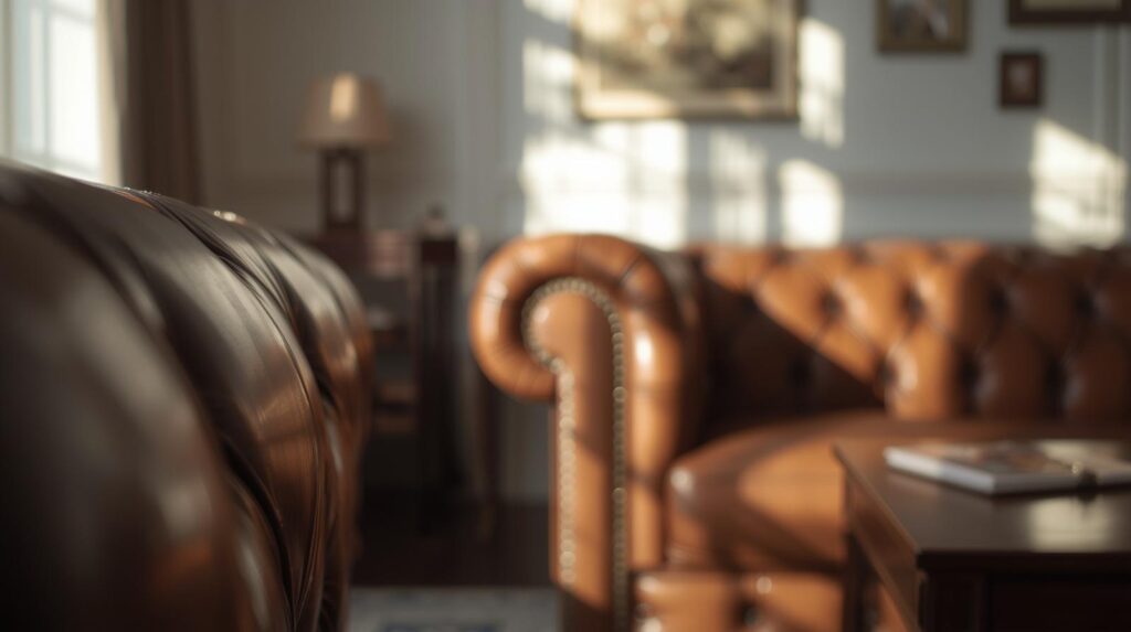 Leather seating area with lounge chairs and warm lighting