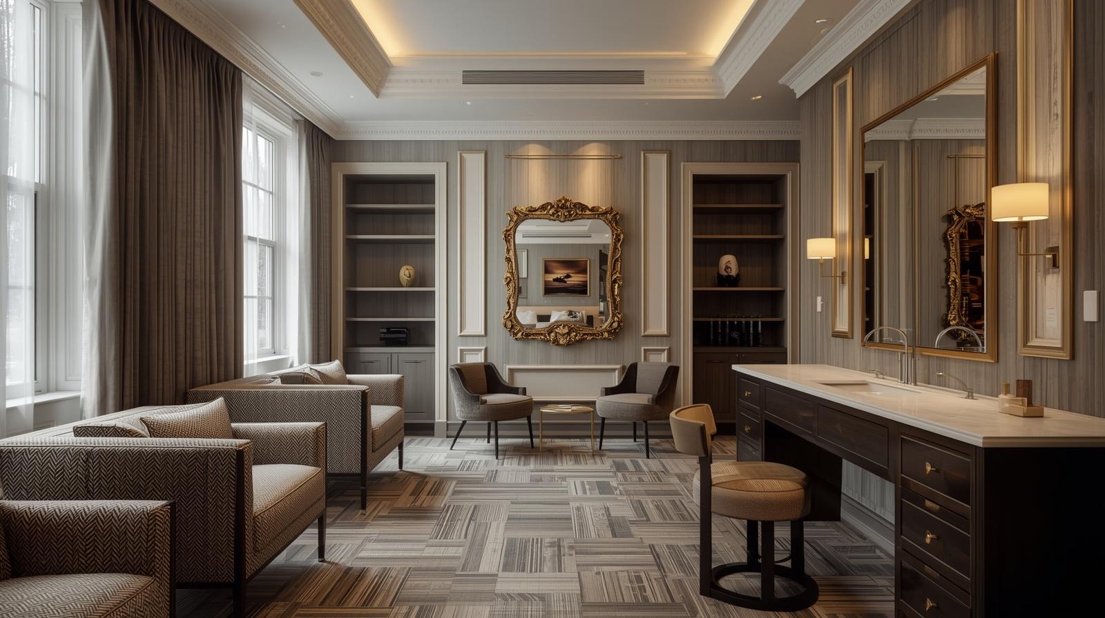 Spacious groom lounge interior with seating, mirrors, and preparation area