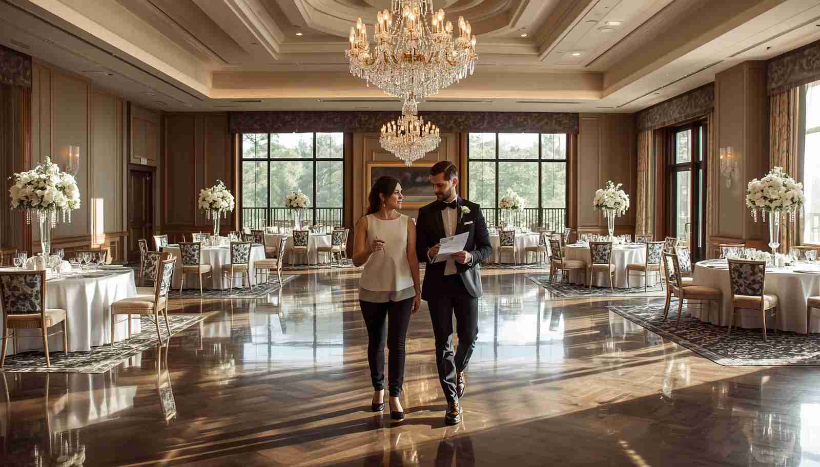 Venue tour questions discussed during a wedding venue walkthrough in an elegant ballroom