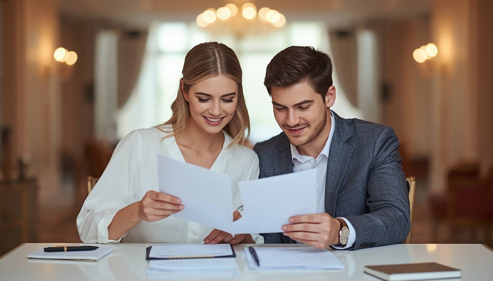 Couple comparing all-inclusive wedding packages in Houston at a ballroom venue