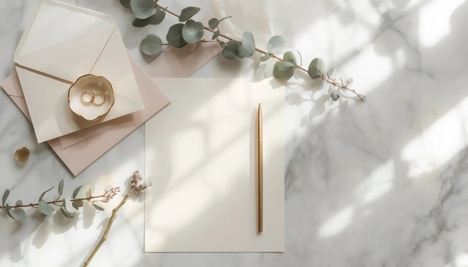 Wedding venue deposits contract and payment paperwork flat lay with envelopes and wedding bands